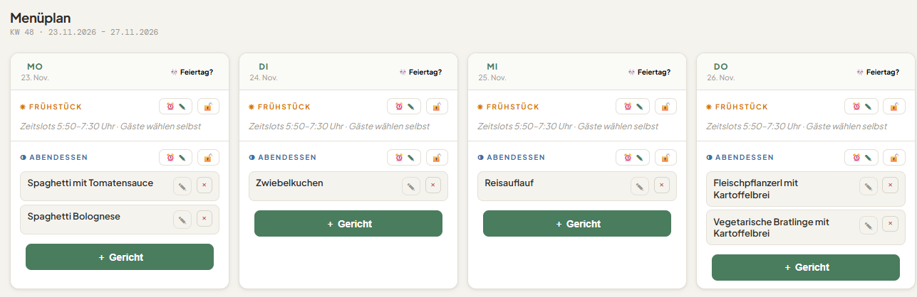 Der Wochen-Menüplan in GetBissNess mit Frühstück und Abendessen von Montag bis Donnerstag
